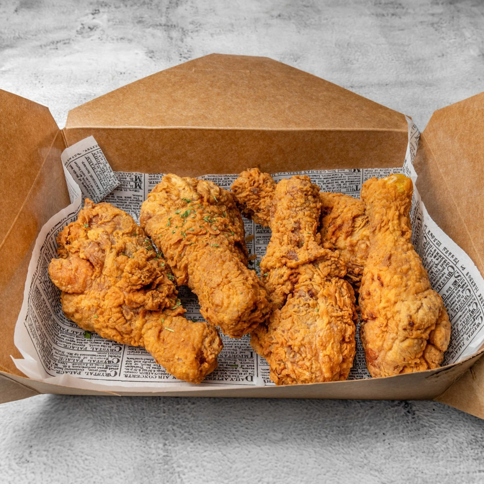Crispy DAK Korean Fried Chicken pieces, seasoned with herbs, served in a brown takeout box.